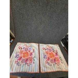 Floral Beaded Throw Pillows Pair 18x18 Peach Border Striped Pastel Decor Cushion